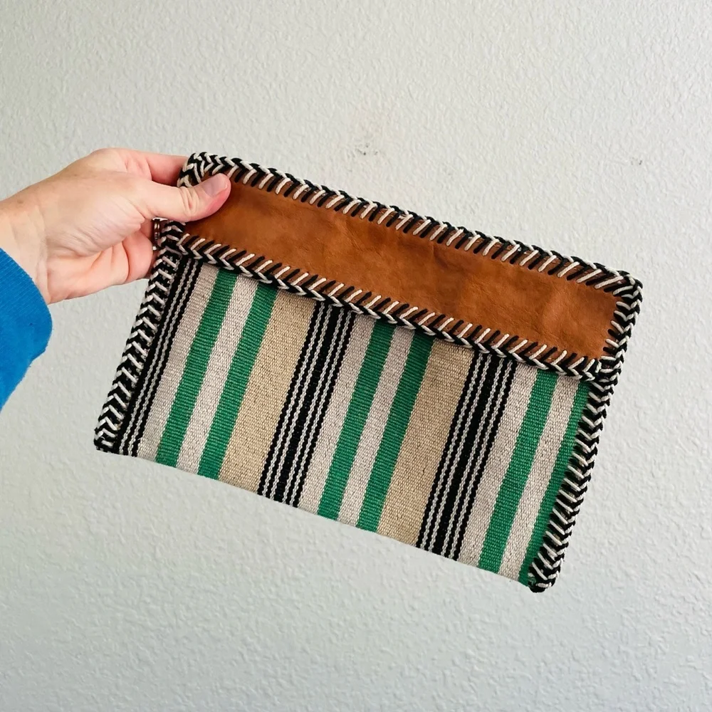 Shiraleah Boho Green Striped Leather Clutch